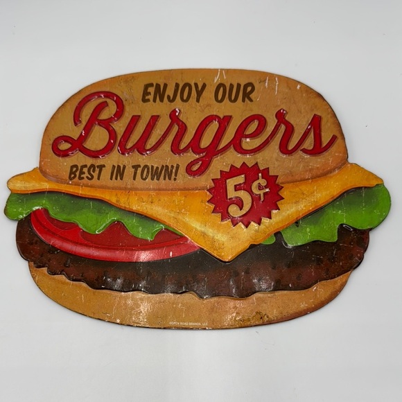 Vintage Burgers Metal Sign Retro Diner Cheeseburger Kitchen Wall Art 5¢ 9x11 - Picture 1 of 5